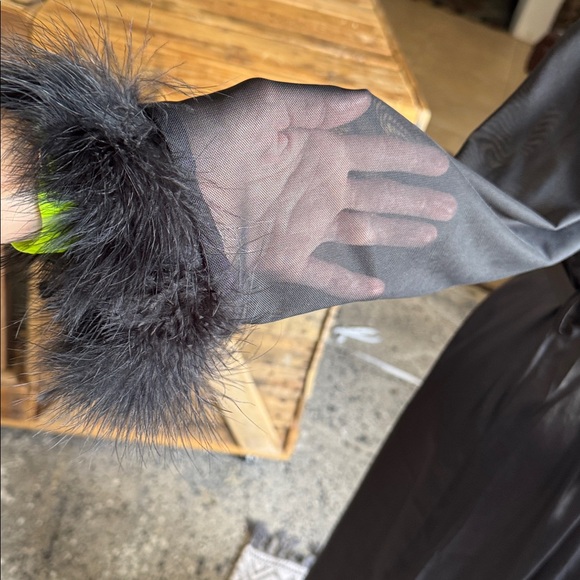 New Black Satin Robe with Ostrich Feather Cuffs Sheer Sleeves - Picture 3 of 6